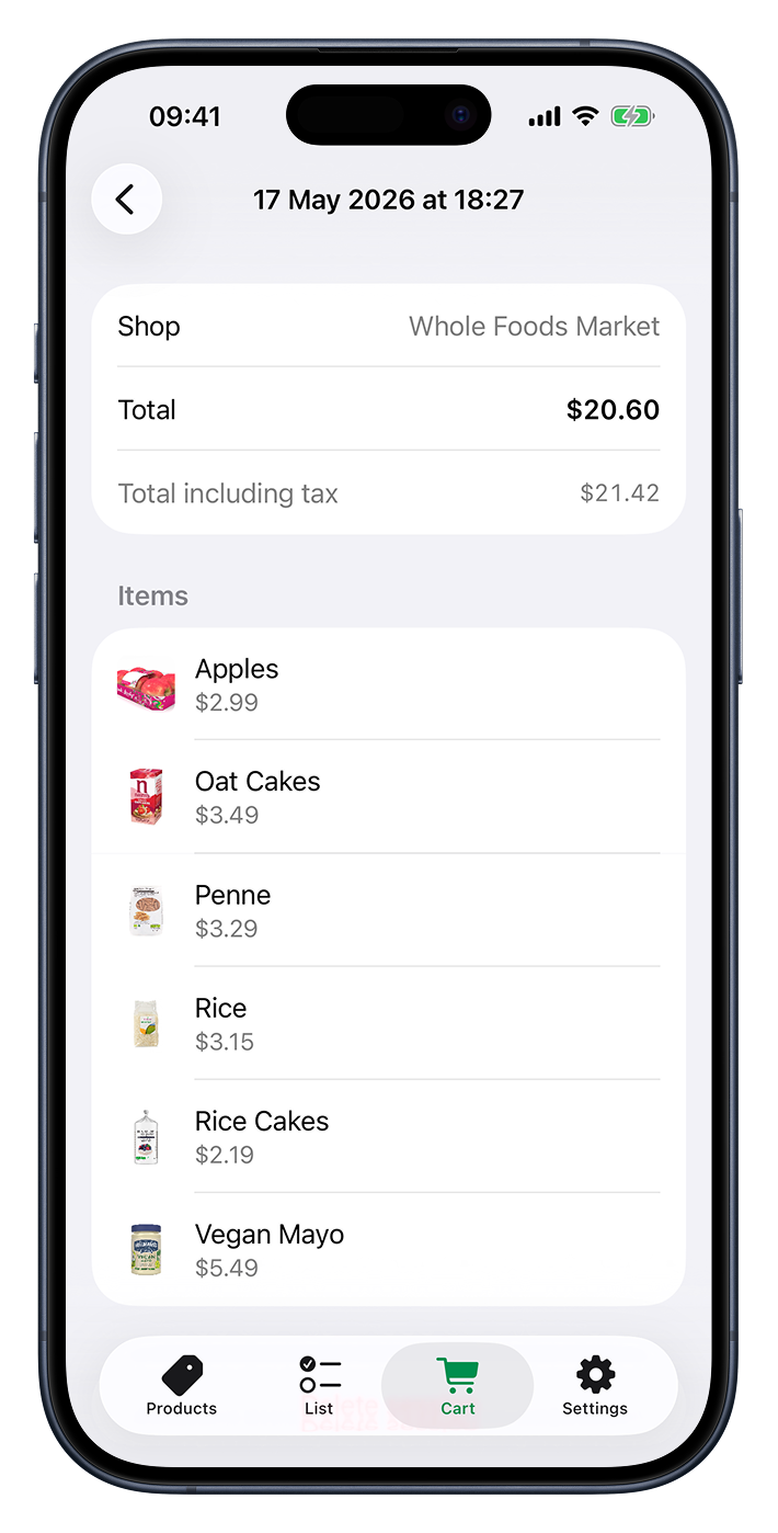 A single shopping trip showing its shop, total, and the list of items bought.