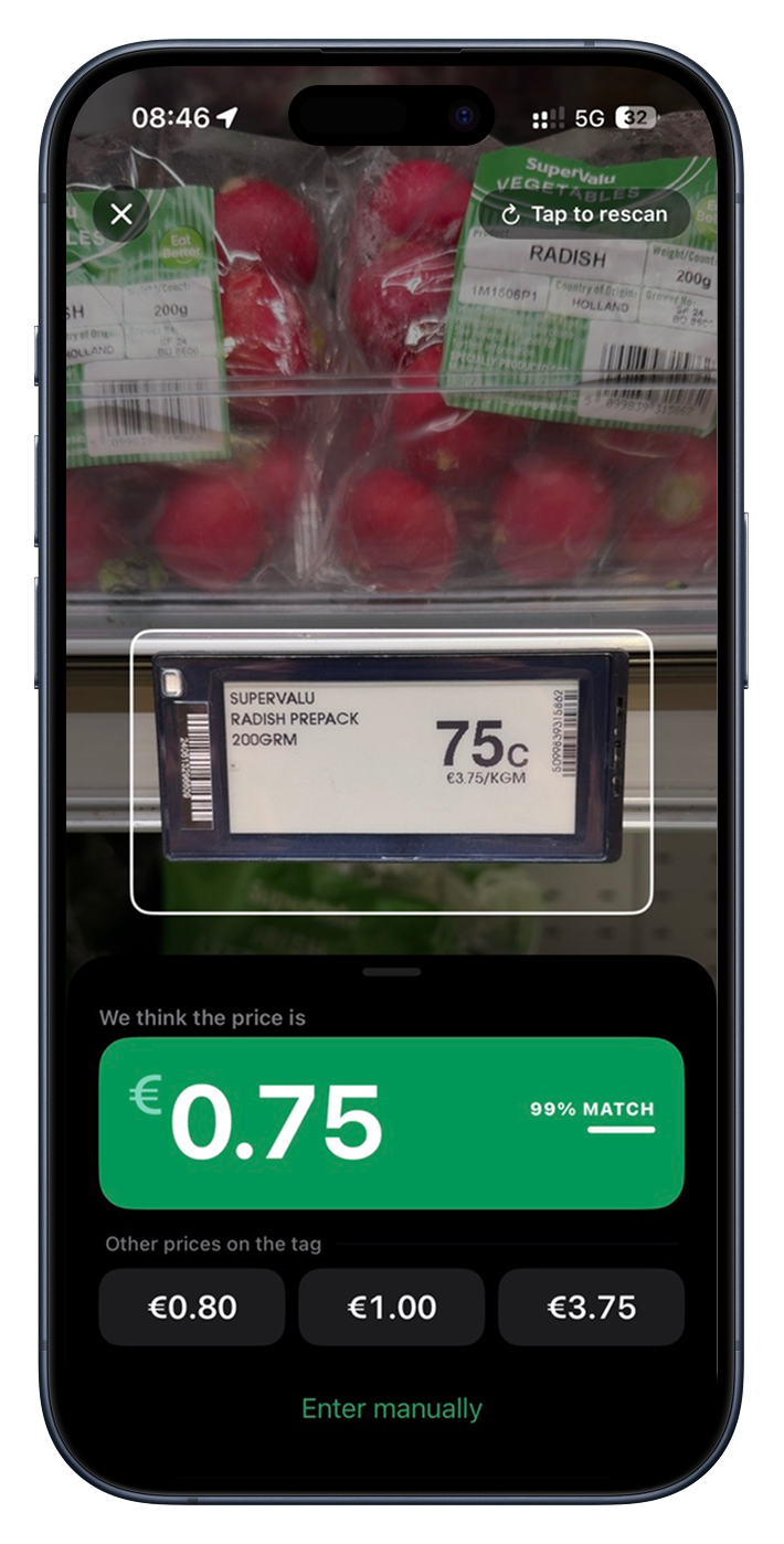 With Auto-decimal Above on, a tag printed as cents is read back with the decimal in place. The Price Scanner reading a price with no decimal point and converting it.