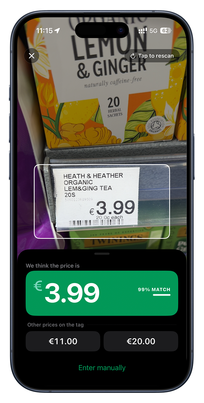 Cartsy's price scanner showing the captured price