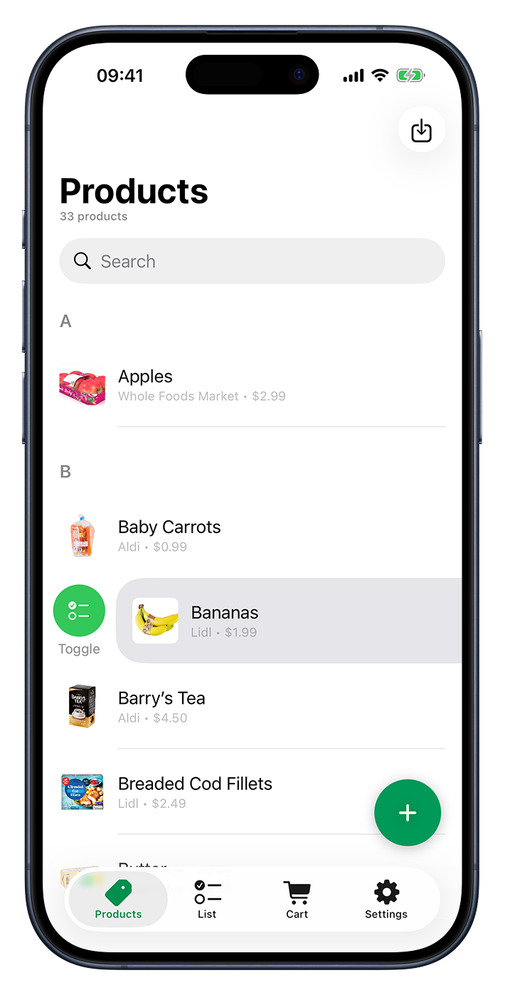 Swipe right to send a product straight to your shopping list. Swiping a product to the right to add it to the shopping list.
