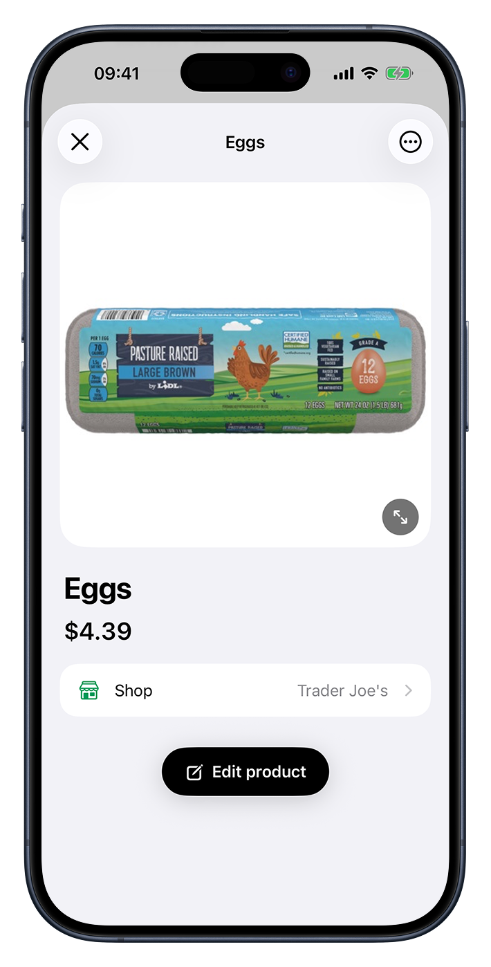 Tap a product to see everything about it in one place. A product’s detail view showing its photo, price, shop, and barcode.