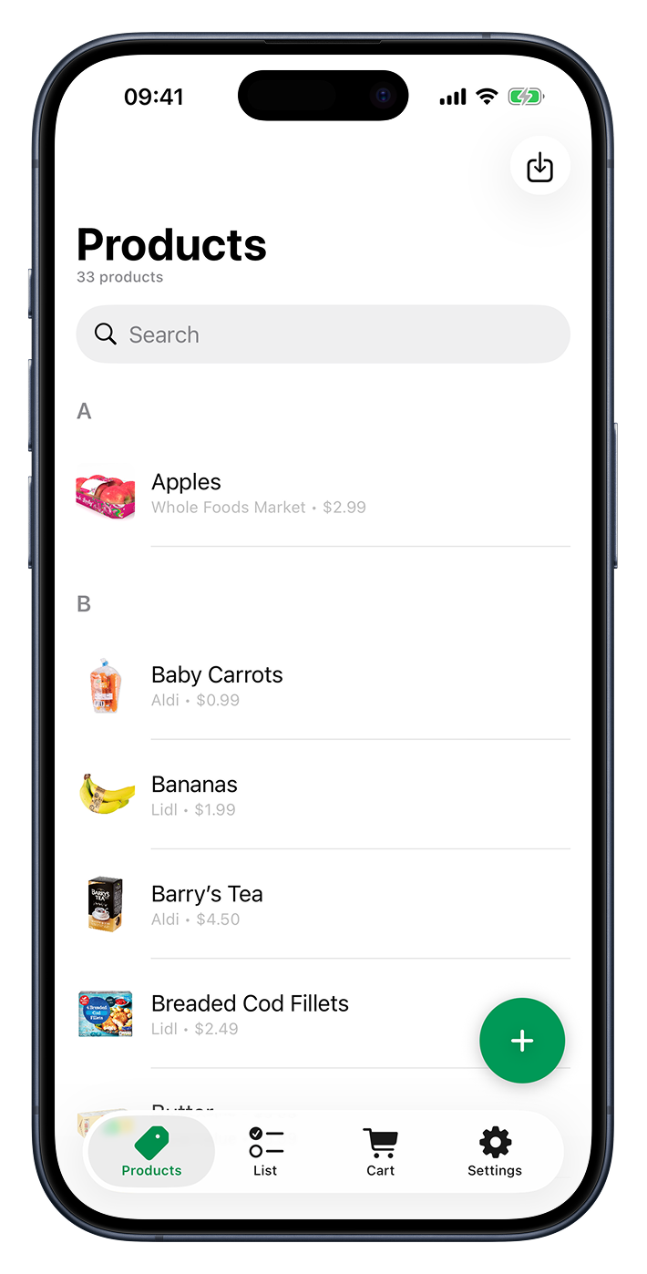 The Cartsy products screen listing saved products