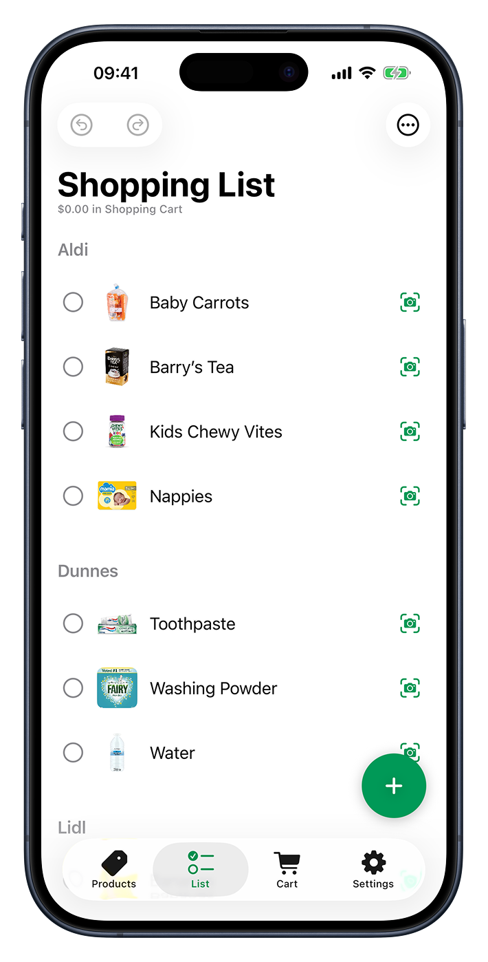 Group by shop to sort your list by where you buy each item. The Shopping List grouped by shop, with a section for each shop and one for other items.