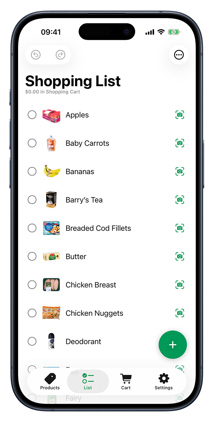 The Cartsy shopping list with items ticked off