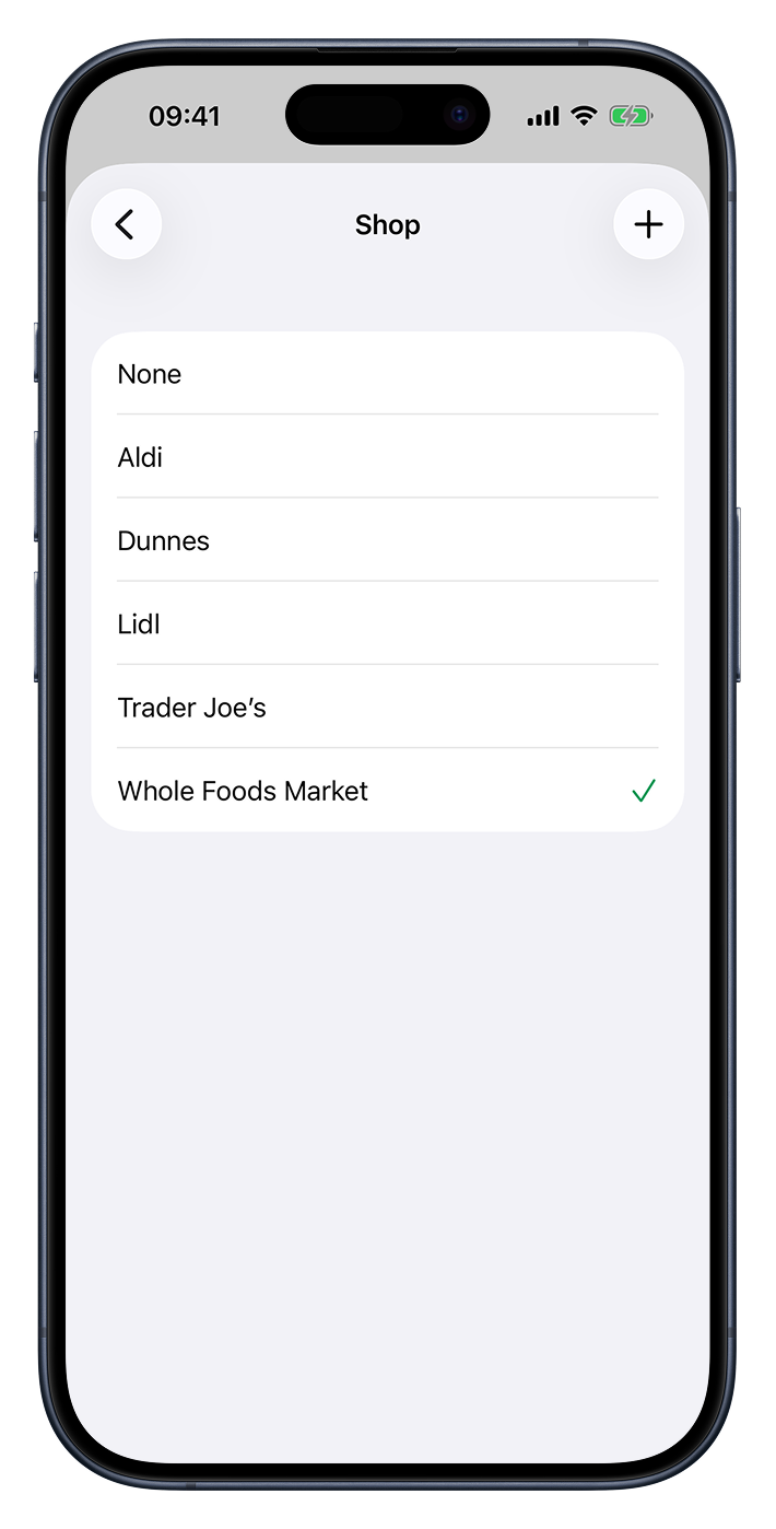 The shop list with existing shops, a None option, and a plus button to add a new one.