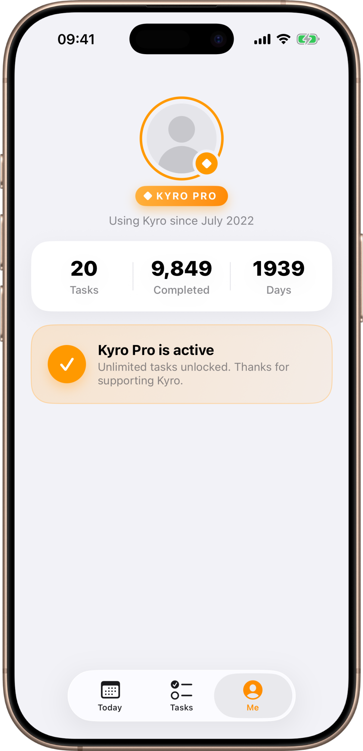The Me tab: your overall progress and your plan in one place. The Me tab: profile header, the totals card, and the Kyro Pro card.