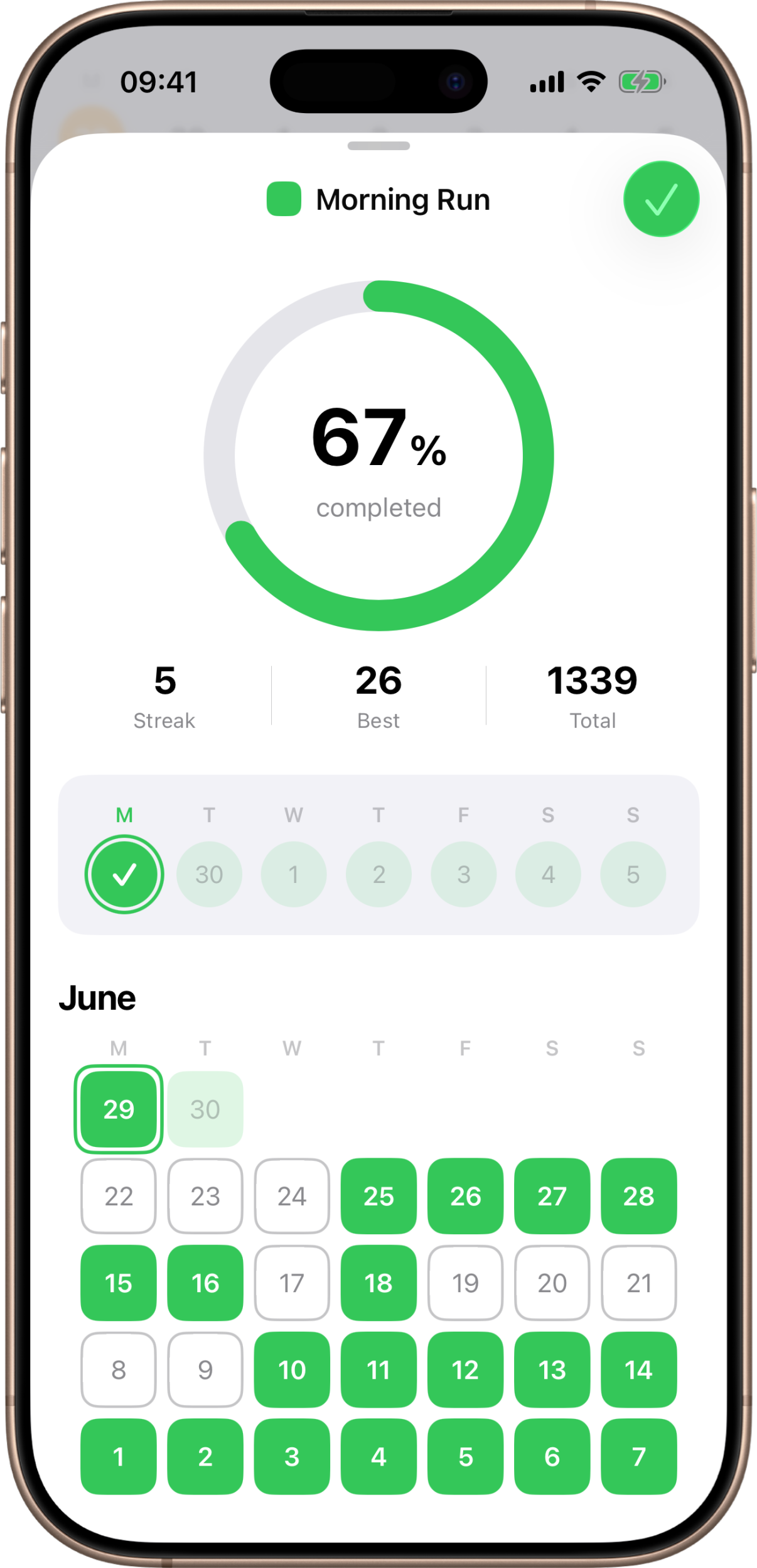 A Kyro task's history calendar showing completed and missed days