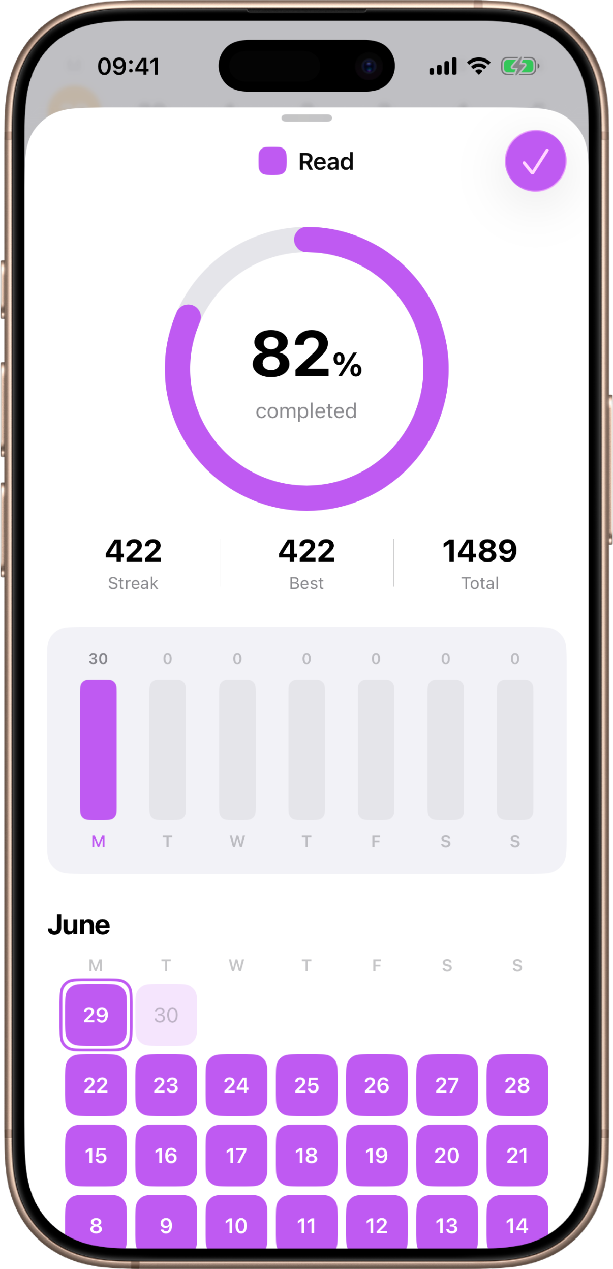 The statistics screen: your ring, streaks, and this week at a glance. A task’s statistics: the completion ring, Streak/Best/Total, and this week.