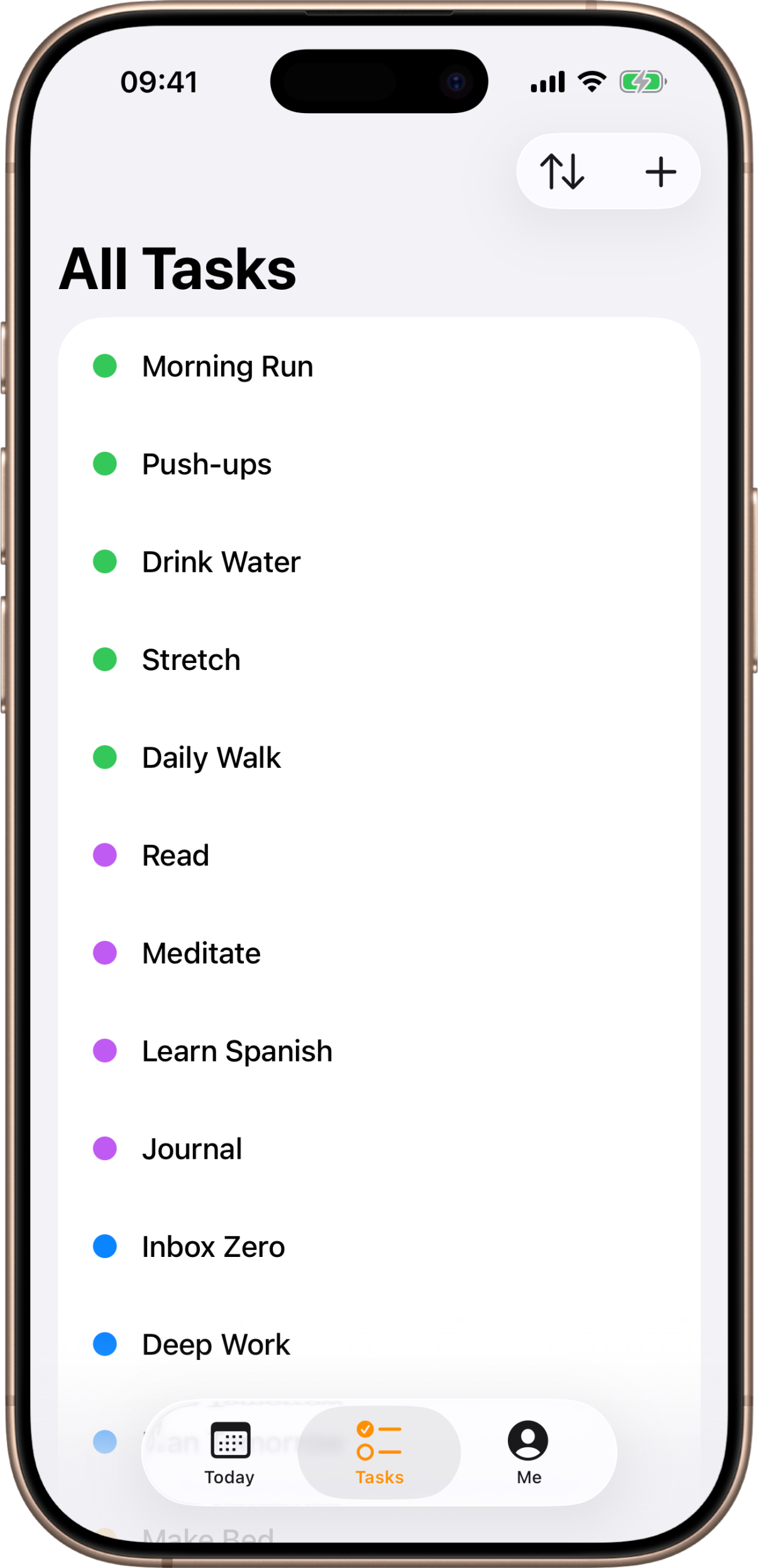 The Kyro All Tasks list with color-coded tasks