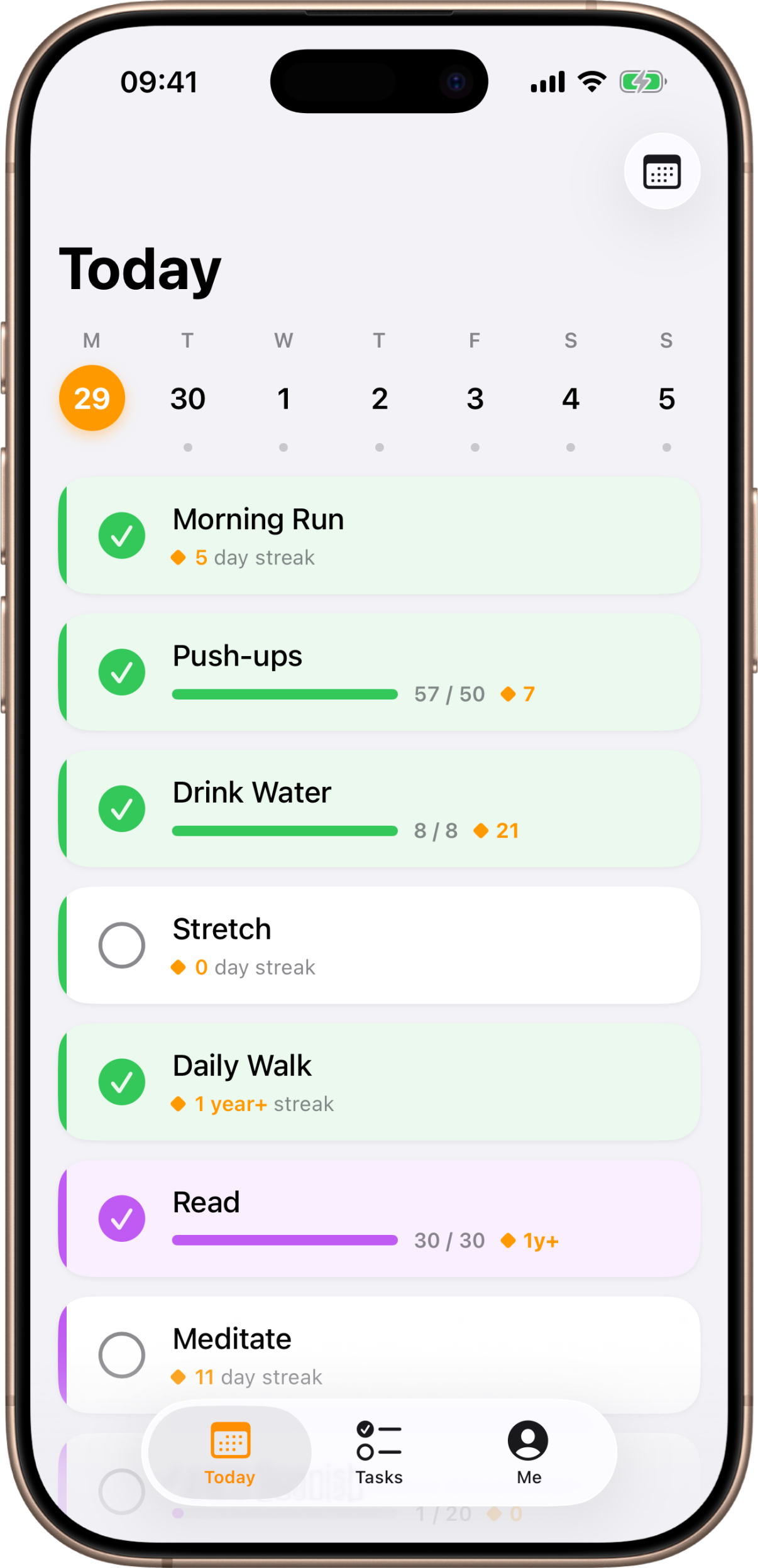 The Kyro Today tab showing the day's tasks, one checked off, each with its streak
