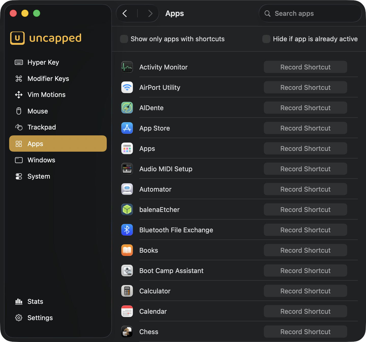 Uncapped Apps settings