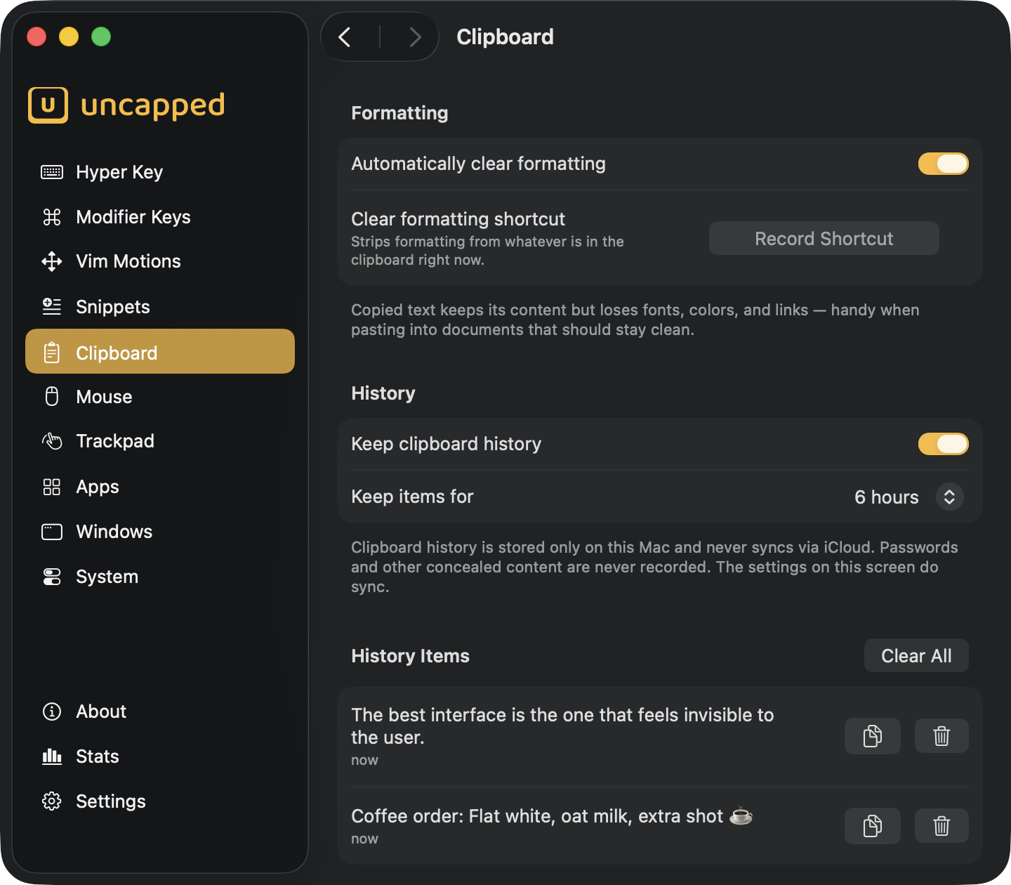 Uncapped Clipboard settings