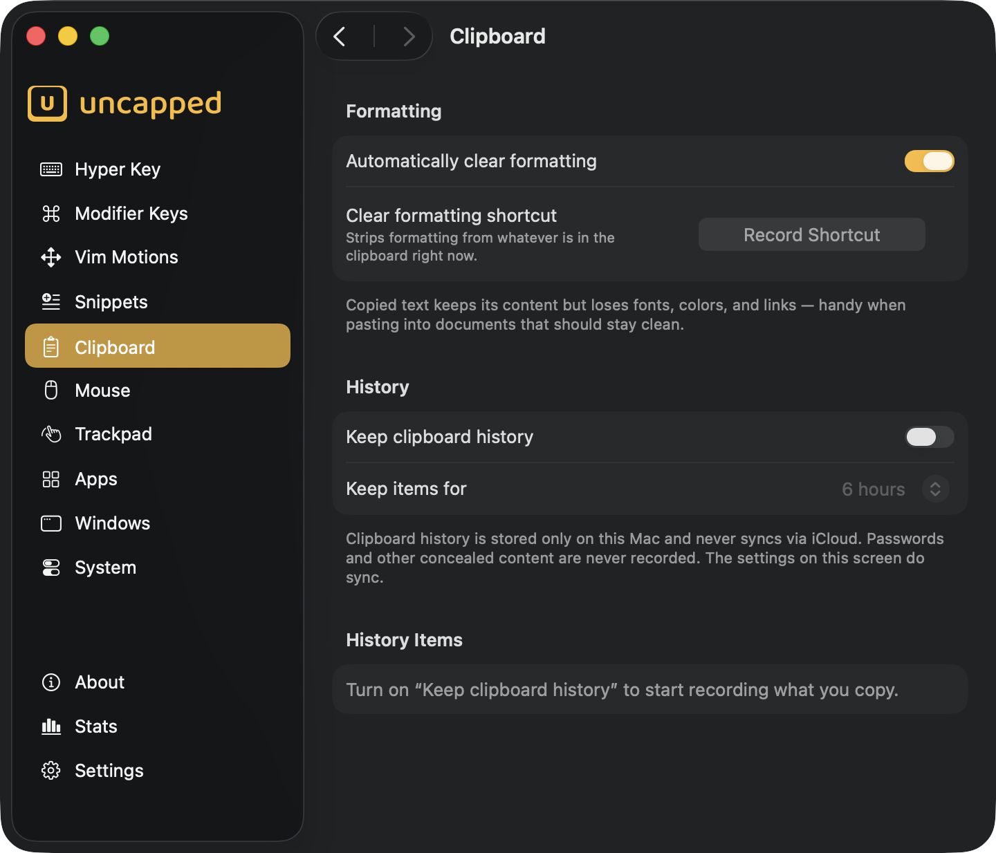 The Clipboard settings screen in Uncapped The Clipboard settings screen