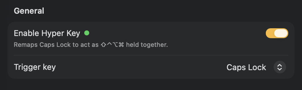 Enabling the Hyper Key and choosing its trigger key The General section, with the Enable toggle and Trigger key menu