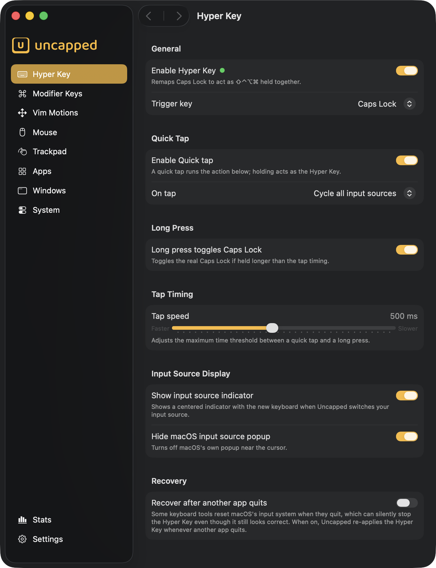 The Hyper Key settings screen in Uncapped The Hyper Key settings screen