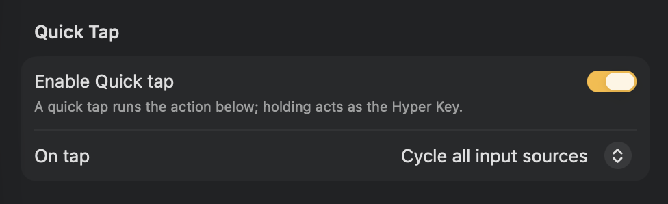 Choosing what a quick tap of the Hyper Key does The Quick Tap section with the On tap menu open