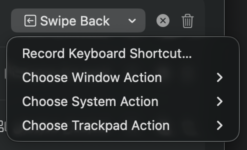 The assignment menu, offering a keyboard shortcut, window, system, or trackpad action Assigning an action to a captured button