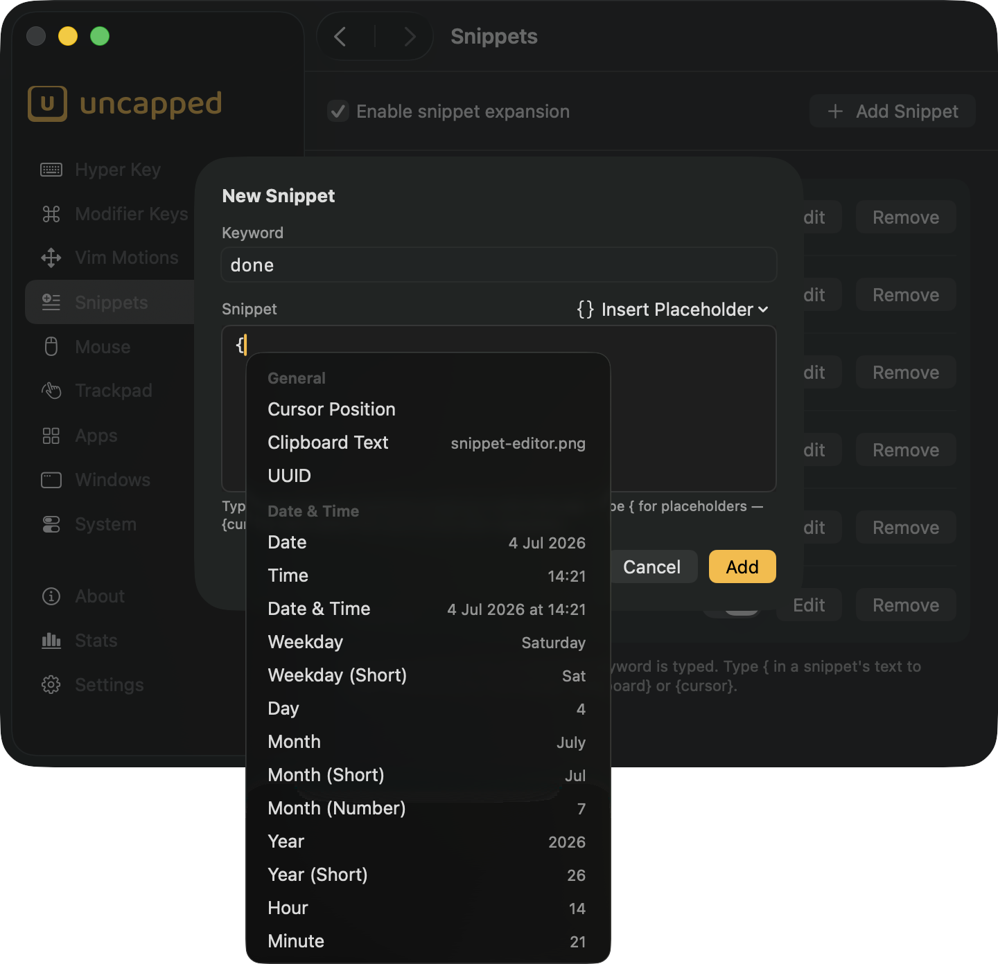 Typing { opens the placeholder picker with live previews The placeholder picker