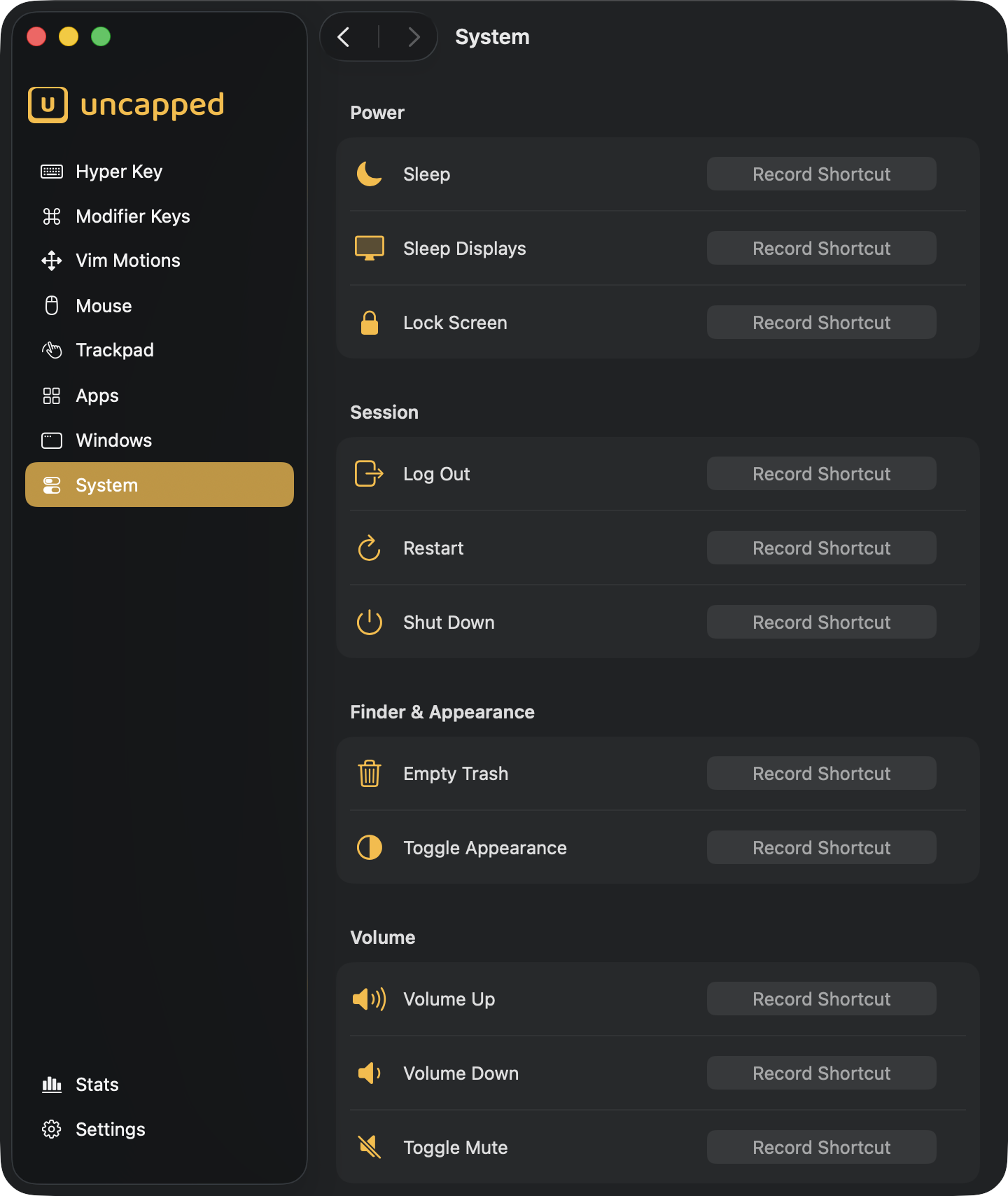 The System settings screen