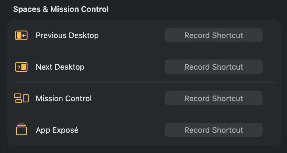 Next Desktop, Previous Desktop, Mission Control and App Exposé The Spaces & Mission Control section