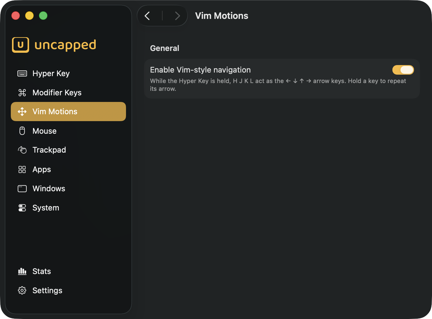 The Vim Motions settings screen in Uncapped The Vim Motions settings screen