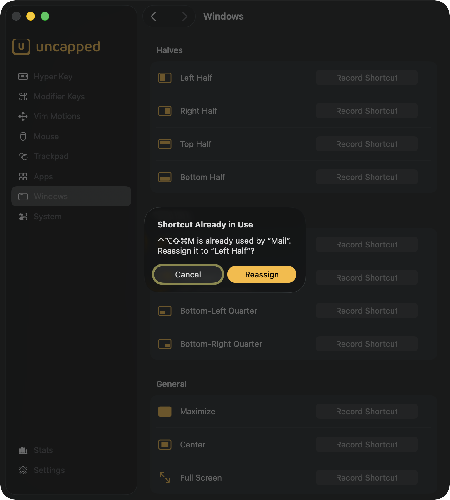 Uncapped asks before taking a shortcut from something else The “Shortcut Already in Use” alert