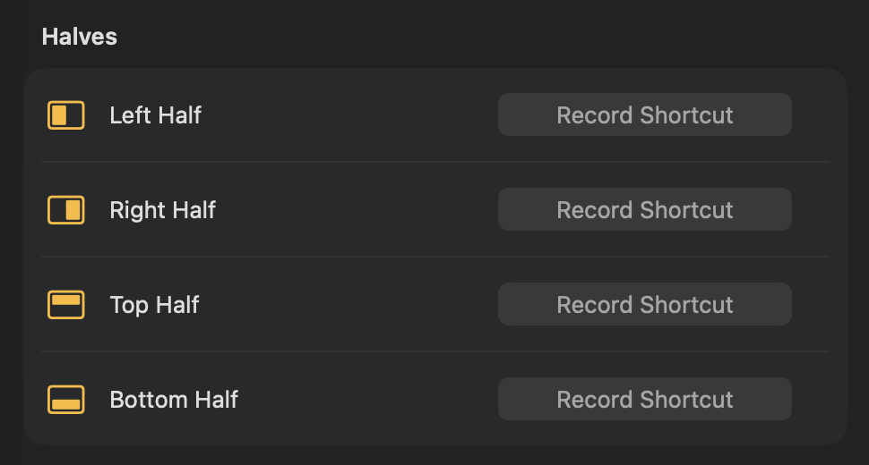 The four half-screen actions The Halves section
