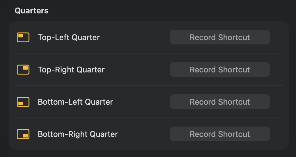 The four quarter-screen actions The Quarters section