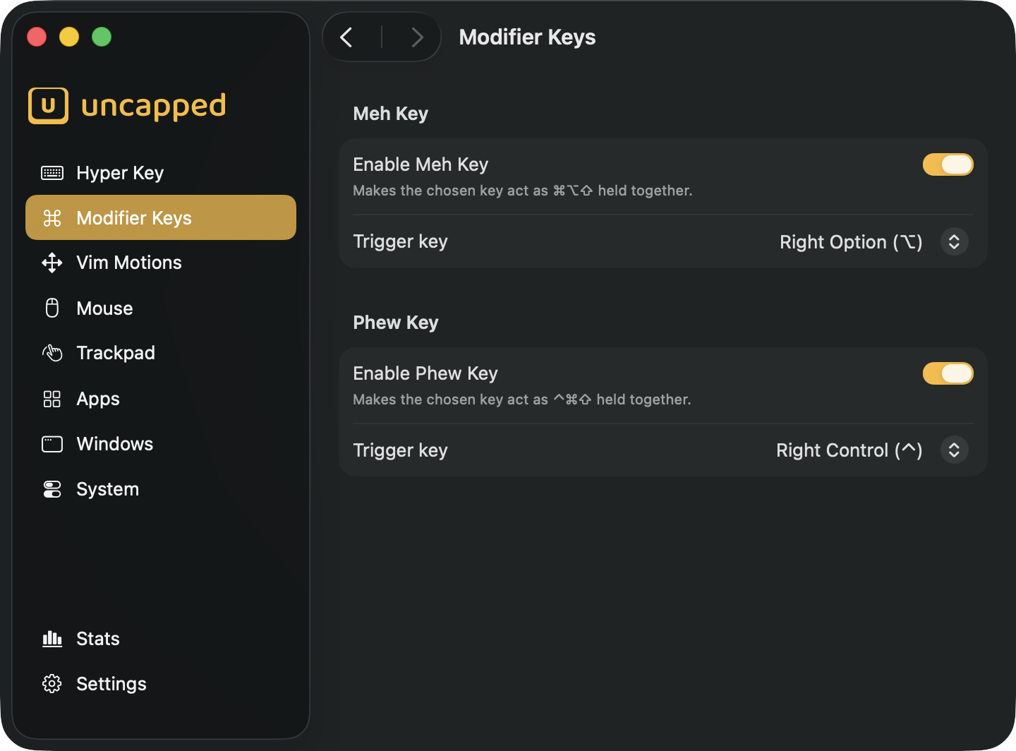 Uncapped Modifier Keys settings
