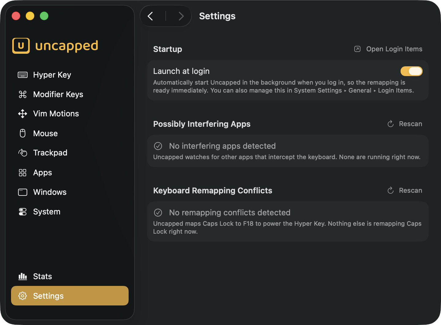 Uncapped Settings screen