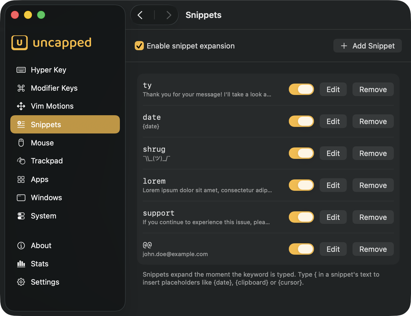 Uncapped Snippets settings